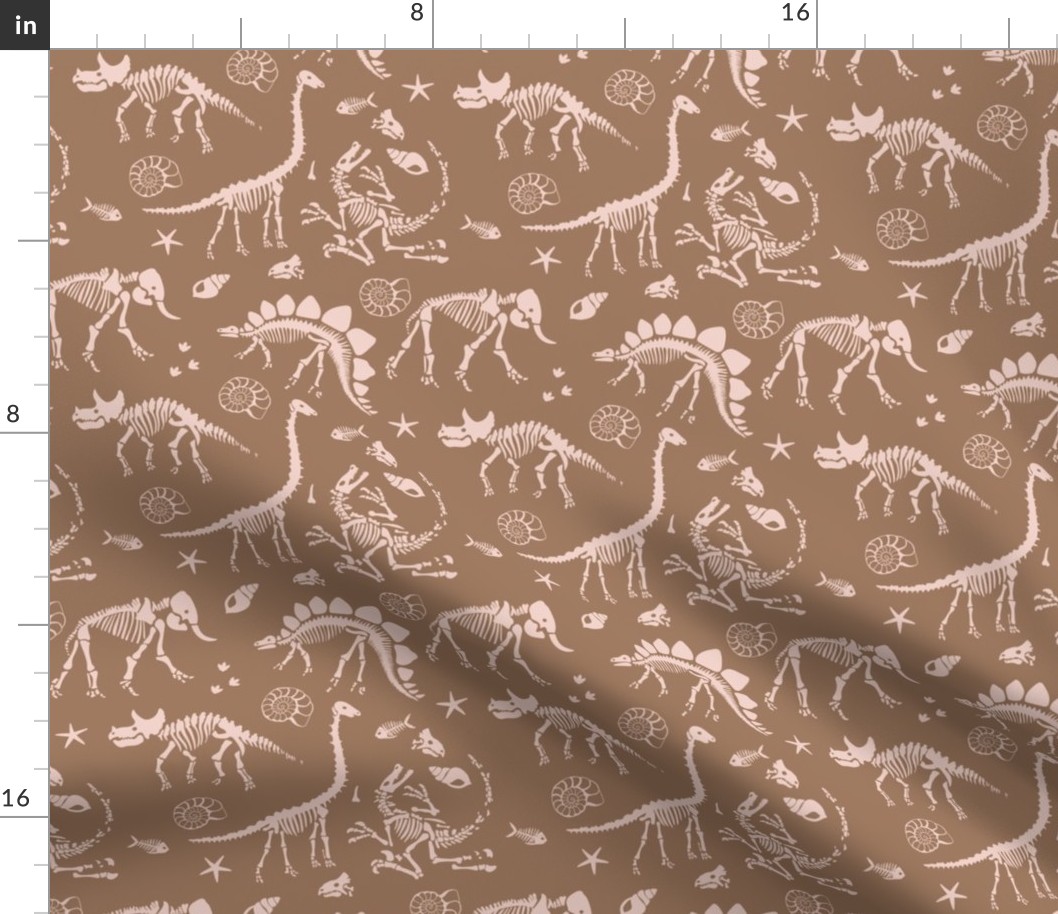 Jurassic discovery - Fossils and ammonites - paleontology and natural history design dinosaurs elephants under water creatures kids wallpaper ivory blush on burnt orange stone