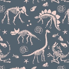 Jurassic discovery - Fossils and ammonites - paleontology and natural history design dinosaurs elephants under water creatures kids wallpaper ivory blush on cool gray blue