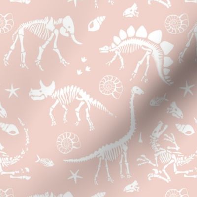 Jurassic discovery - Fossils and ammonites - paleontology and natural history design dinosaurs elephants under water creatures kids wallpaper ivory blush on soft pastel powder pink 