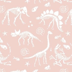 Jurassic discovery - Fossils and ammonites - paleontology and natural history design dinosaurs elephants under water creatures kids wallpaper ivory blush on soft pastel powder pink 