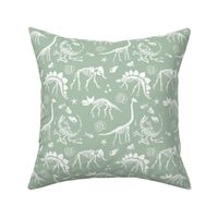 Jurassic discovery - Fossils and ammonites - paleontology and natural history design dinosaurs elephants under water creatures kids wallpaper white on soft pastel mint green