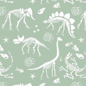 Jurassic discovery - Fossils and ammonites - paleontology and natural history design dinosaurs elephants under water creatures kids wallpaper white on soft pastel mint green