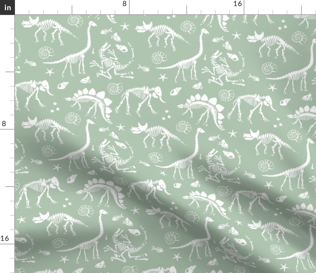 Jurassic discovery - Fossils and ammonites - paleontology and natural history design dinosaurs elephants under water creatures kids wallpaper white on soft pastel mint green