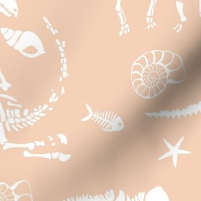 Jurassic discovery - JUMBO Fossils and ammonites - paleontology and natural history design dinosaurs elephants under water creatures kids wallpaper white on blush cream peach WALLPAPER LARGE