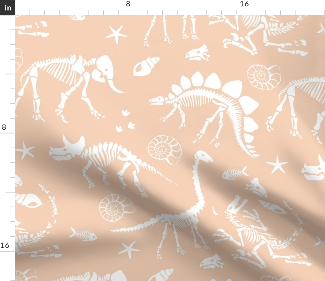 Jurassic discovery - JUMBO Fossils and ammonites - paleontology and natural history design dinosaurs elephants under water creatures kids wallpaper white on blush cream peach WALLPAPER LARGE
