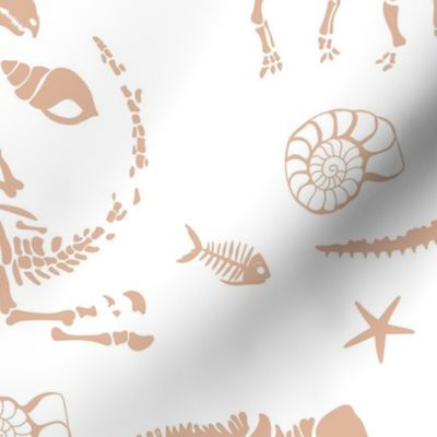 Jurassic discovery - JUMBO Fossils and ammonites - paleontology and natural history design dinosaurs elephants under water creatures kids wallpaper caramel beige on white WALLPAPER large