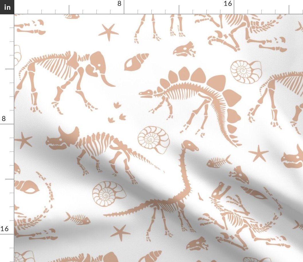 Jurassic discovery - JUMBO Fossils and ammonites - paleontology and natural history design dinosaurs elephants under water creatures kids wallpaper caramel beige on white WALLPAPER large