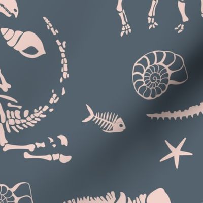 Jurassic discovery - JUMBO Fossils and ammonites - paleontology and natural history design dinosaurs elephants under water creatures kids wallpaper ivory blush on cool gray blue WALLPAPER large