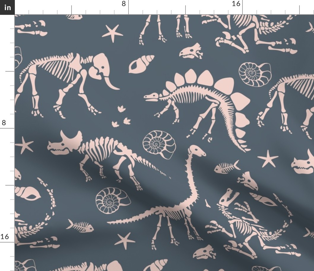 Jurassic discovery - JUMBO Fossils and ammonites - paleontology and natural history design dinosaurs elephants under water creatures kids wallpaper ivory blush on cool gray blue WALLPAPER large