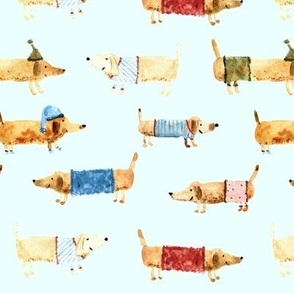 pups in pajamas on blue - watercolor cute puppies dachshund - painted dogs for kids_ nursery a892-5
