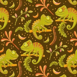 Jungle Joy - Bananas & green Chameleons on brown background