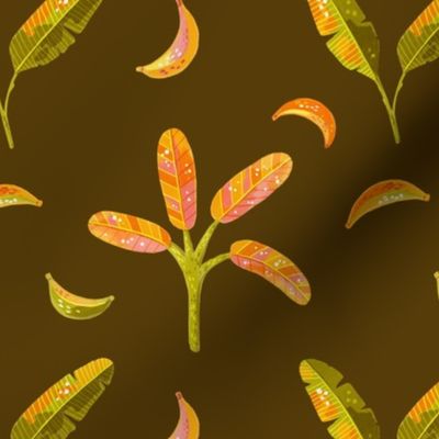 Jungle Joy - Bananas & Palm Leaves Brown Background