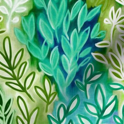 Lush Leaves in Jewel Colors - green and blue - large