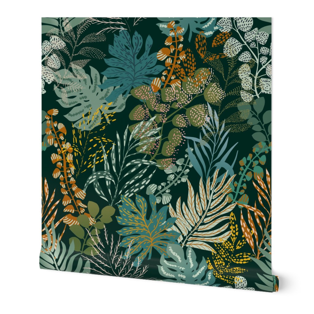 tropical night emerald leaves - M Wallpaper | Spoonflower