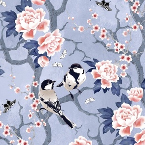 Chinoiserie birds in purple large scale - bigger birds
