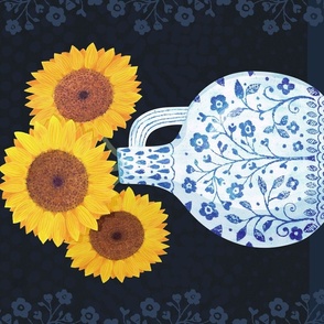 Vase of Sunflowers - blue floral ceramic and large yellow blooms