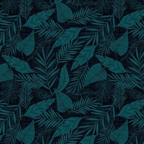 Cabana Tropics - Summer Tropical Leaves Midnight Blue Teal Small Scale