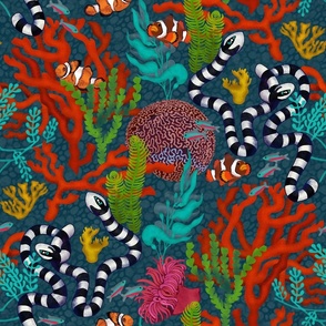 White striped sea snakes_coral reef (large scale)_nautical for summer bedding and bathroom wallpaper.