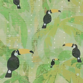 The Toucan Misty Rainforest Print-   © 2022 Vanessa Peutherer -Jungle Watercolor Paper Textured Grass Cloth Luxury Wallpaper - Joyful Jungle SDC 2022