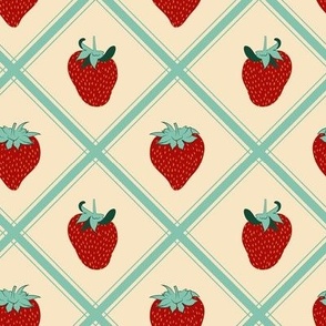 Medium Strawberries with Aqua Tartan and Cream Background