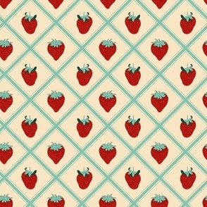 Small Strawberries with Aqua Tartan and Cream Background