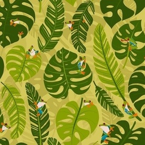 Tree Frogs and Monstera Leaves (green)