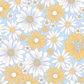 70s Pretty Floral - Daisies on Blue