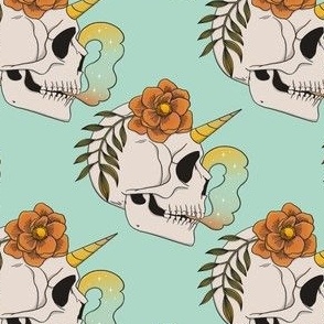 Beautiful Floral Human Skull with Unicorn Horn