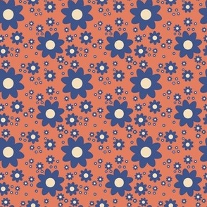 Small scale retro cobalt blue and white daisy flowers on a soft terracotta background - reminiscent of Italian villas of the 90s - for kids apparel and home decor such as teatowels, placemats, napkins and more