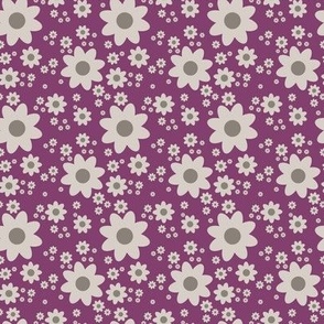 Taupe mod daisy flower in retro vintage style on a soft blackberry purple background - small scale for kids dresses, kids skirts, kids' bedroom decor, crafts, patchwork and quilting.