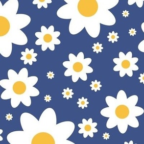 Retro daisy in fresh white, blue and yellow - large scale for dresses, skirts, cute cotton duvet and sheet sets.  for kids apparel, home decor, floral cushion covers, tote bags, sunhats, patchwork and quilting