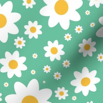 Retro daisy in crisp white, mellow yellow and sea green - medium scale bold and minimalist, for kids apparel, home decor, floral cushion covers, tote bags, sunhats, patchwork and quilting