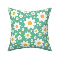 Retro daisy in crisp white, mellow yellow and sea green - medium scale bold and minimalist, for kids apparel, home decor, floral cushion covers, tote bags, sunhats, patchwork and quilting