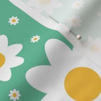 Retro daisy in crisp white, mellow yellow and sea green - medium scale bold and minimalist, for kids apparel, home decor, floral cushion covers, tote bags, sunhats, patchwork and quilting