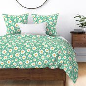 Retro daisy in crisp white, mellow yellow and sea green - medium scale bold and minimalist, for kids apparel, home decor, floral cushion covers, tote bags, sunhats, patchwork and quilting
