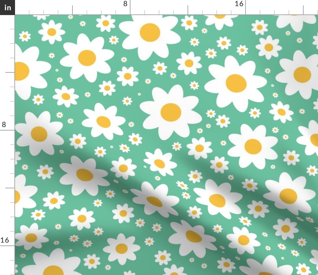 Retro daisy in crisp white, mellow yellow and sea green - medium scale bold and minimalist, for kids apparel, home decor, floral cushion covers, tote bags, sunhats, patchwork and quilting