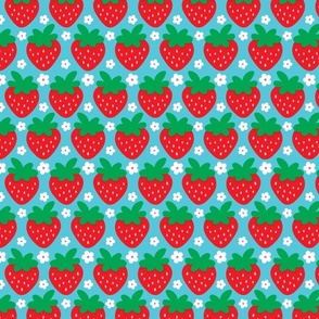 strawberries and flowers half drop on blue large
