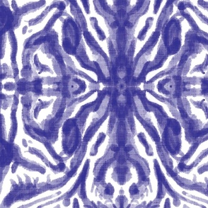 tropical watercolour tiger ikat tile- navy ink blue linen