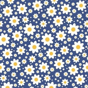 $ Retro daisy in crisp white, mellow yellow and French navy blue - small scale bold and minimalist, for kids apparel, home decor, floral cushion covers, tote bags, sunhats, patchwork and quilting