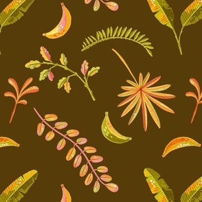 Jungle Joy - Bananas & Palm Leaves on brown background