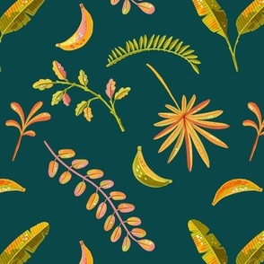 Jungle Joy - Bananas & Palm Leaves on  blue background