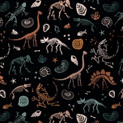 Jurassic discovery - Fossils and ammonites - paleontology studies and natural history design dinosaurs elephants shells under water creatures kids wallpaper white on neutral rust sienna teal on black