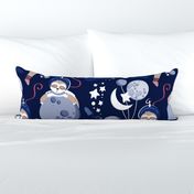Large jumbo scale // Best Space To Be // navy blue background indigo moons and cute astronauts sloths