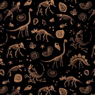Jurassic discovery - Fossils and ammonites - paleontology studies and natural history design dinosaurs elephants shells under water creatures kids wallpaper golden rust sienna teal on black