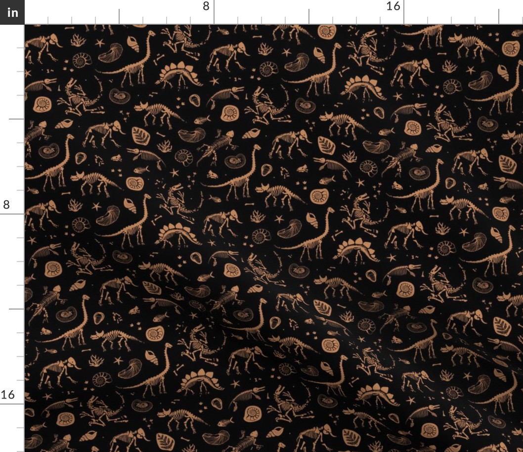 Jurassic discovery - Fossils and ammonites - paleontology studies and natural history design dinosaurs elephants shells under water creatures kids wallpaper golden rust sienna teal on black