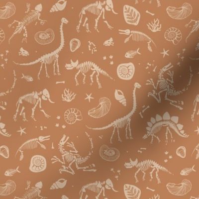 Jurassic discovery - Fossils and ammonites - paleontology studies and natural history design dinosaurs elephants shells under water creatures kids wallpaper golden rust burnt orange beige vintage
