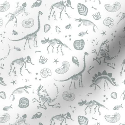 Jurassic discovery - Fossils and ammonites - paleontology studies and natural history design dinosaurs elephants shells under water creatures kids wallpaper earthy sea green on white