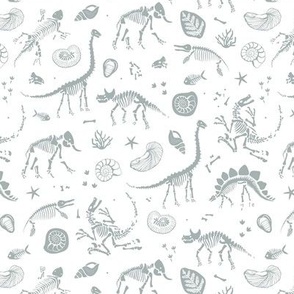 Jurassic discovery - Fossils and ammonites - paleontology studies and natural history design dinosaurs elephants shells under water creatures kids wallpaper earthy sea green on white