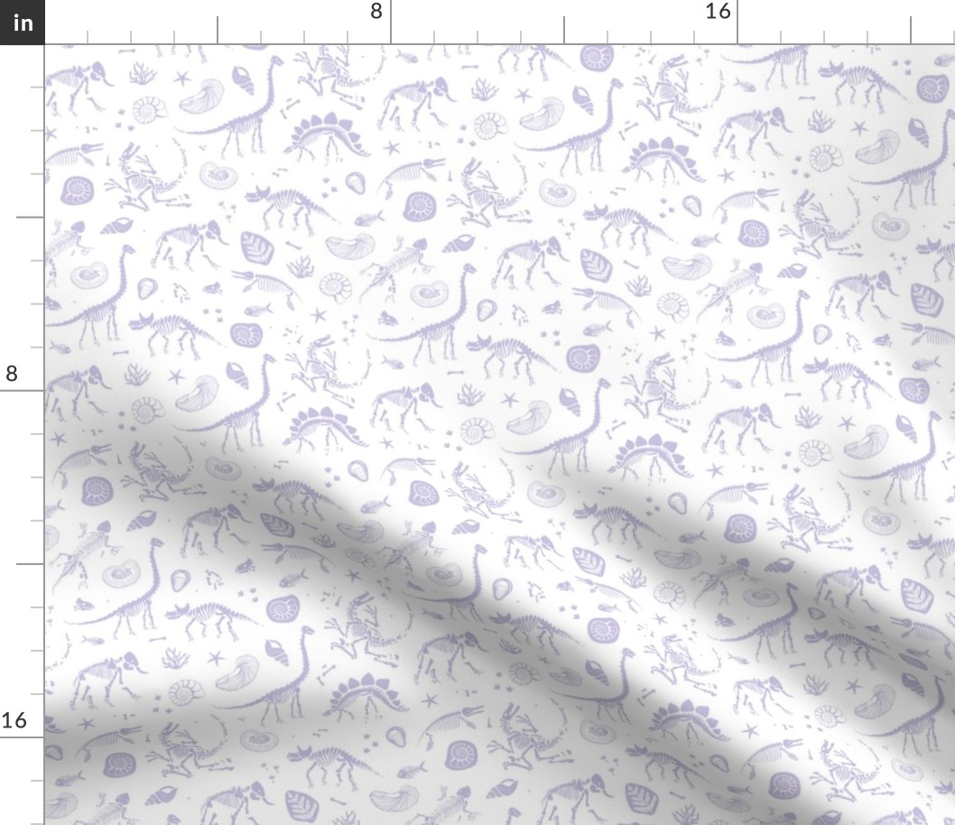 Jurassic discovery - Fossils and ammonites - paleontology studies and natural history design dinosaurs elephants shells under water creatures kids wallpaper lilac purple on white 