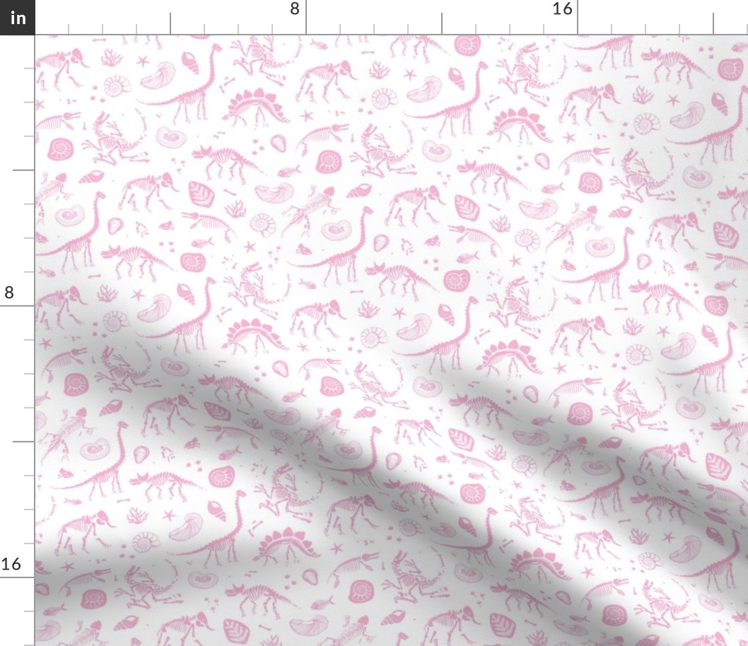 Jurassic discovery - Fossils and ammonites - paleontology studies and natural history design dinosaurs elephants shells under water creatures kids wallpaper pink on white  